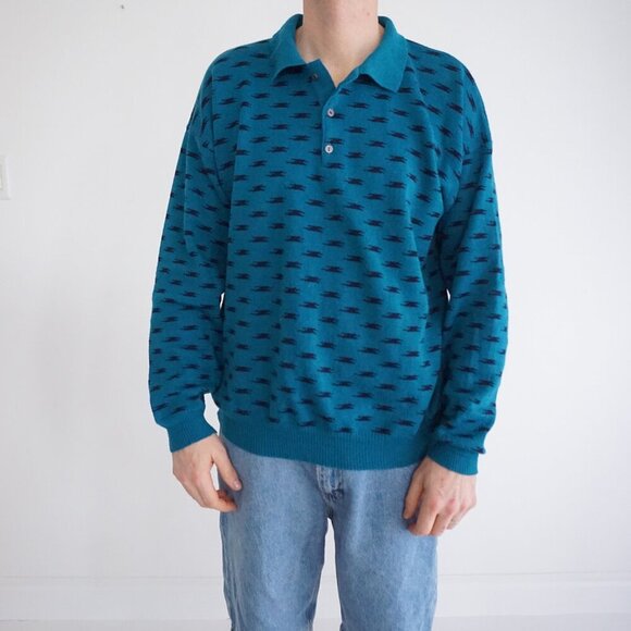 VTG '80S 3130 Teal Black Eclectic Grandpa Boxy Fit Fine Knit Collared Sweater XL - Picture 1 of 9